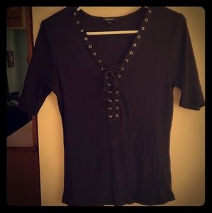 Black Ribbed Fitted Shirt with Criss Cross Front